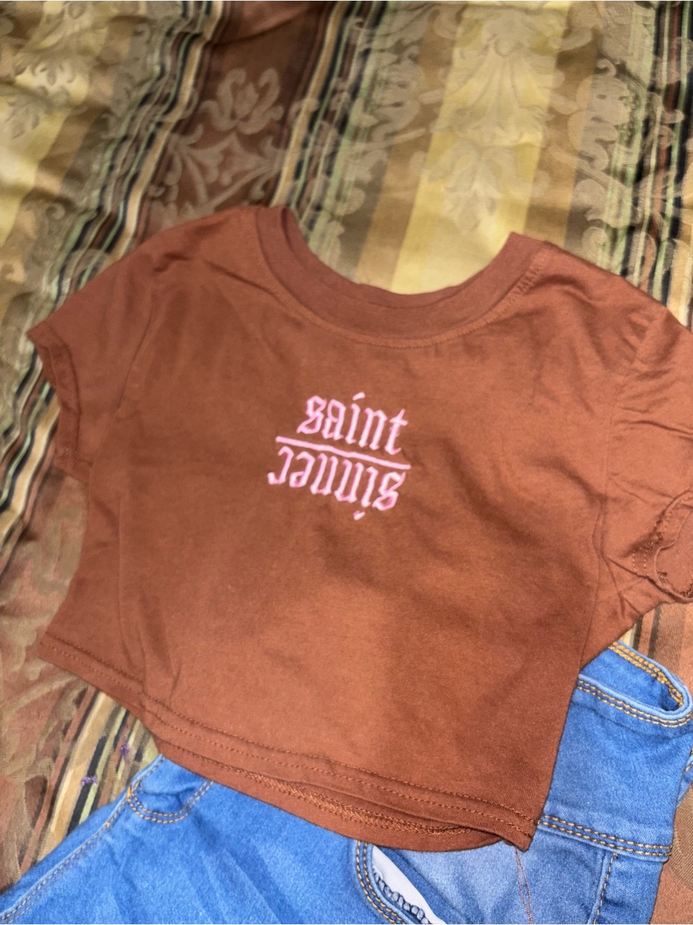 SHEIN Brown Cropped Tee with Pink 'Saint' Graphic